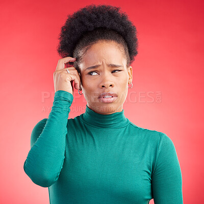 Buy stock photo Confused, thinking and black woman scratching head in studio with choice or decision on red background. Question, why and African lady person with doubt, emoji or idea, solution or problem solving