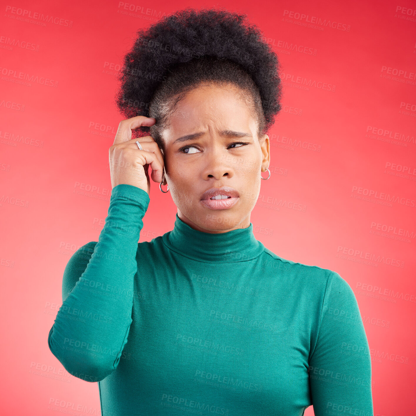 Buy stock photo Confused, thinking and black woman scratching head in studio with choice or decision on red background. Question, why and African lady person with doubt, emoji or idea, solution or problem solving