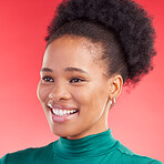 Thinking, face and a black woman on a red background with a smile for fashion, style or ideas. Happy, hair and facial profile of an African girl or model with vision of elegance on a backdrop