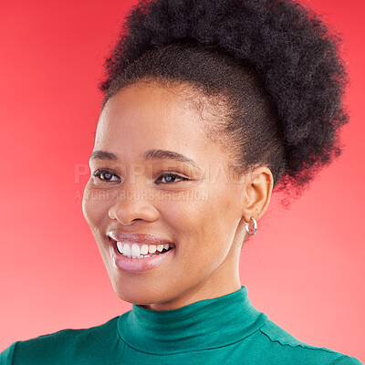 Buy stock photo Thinking, face and a black woman on a red background with a smile for fashion, style or ideas. Happy, hair and facial profile of an African girl or model with vision of elegance on a backdrop