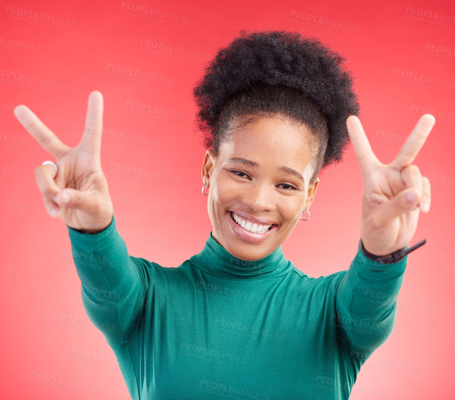 Buy stock photo Happy, portrait and black woman with peace hands in studio with thank you, vote or feedback on red background. V, sign and African lady with good vibes, smile and freedom emoji, support or self love