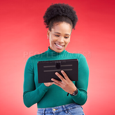 Buy stock photo Happy woman, tablet and research for social media or communication against a red studio background. African female person on technology for online browsing, networking or streaming entertainment