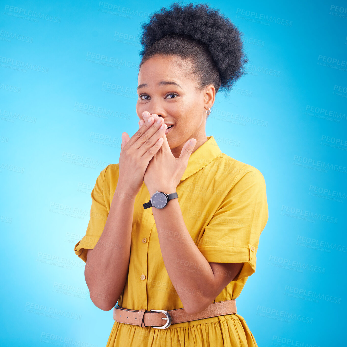 Buy stock photo Surprise, omg and hand on face of black woman in studio embarrassed by gossip, rumor or fake news on blue background. Wtf, shock and African lady with emoji reaction to secret, drama or announcement