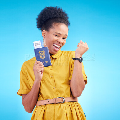 Buy stock photo African woman, passport and celebration in studio, smile or compliance for id paperwork by blue background. Happy student girl, winner and travel opportunity with immigration document in South Africa