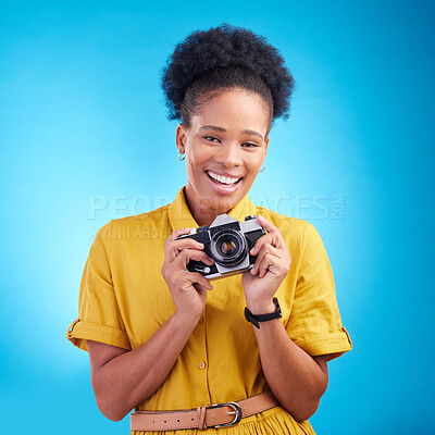Buy stock photo Photography, portrait and black woman with camera, smile and isolated on blue background, creative artist job and talent. Art, face of happy photographer with hobby or career in studio for photoshoot
