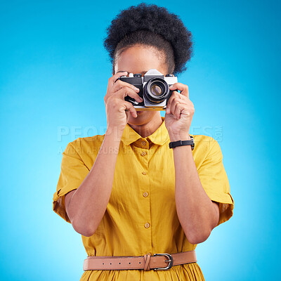 Buy stock photo Photography, travel and black woman with camera isolated on blue background, creative artist job and talent. Art, face of photographer with hobby or career in studio taking picture for photoshoot.