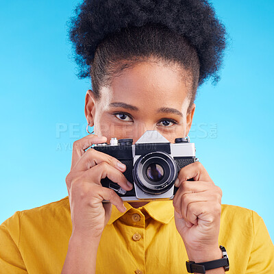 Buy stock photo Photographer, portrait and camera, black woman isolated on blue background, creative artist job talent. Art, face of happy girl in photography hobby or career in studio on travel holiday photoshoot.