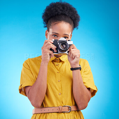 Buy stock photo Photography, portrait and black woman with camera isolated on blue background, creative artist job talent. Art, face of happy photographer with hobby or career in studio on travel holiday photoshoot.
