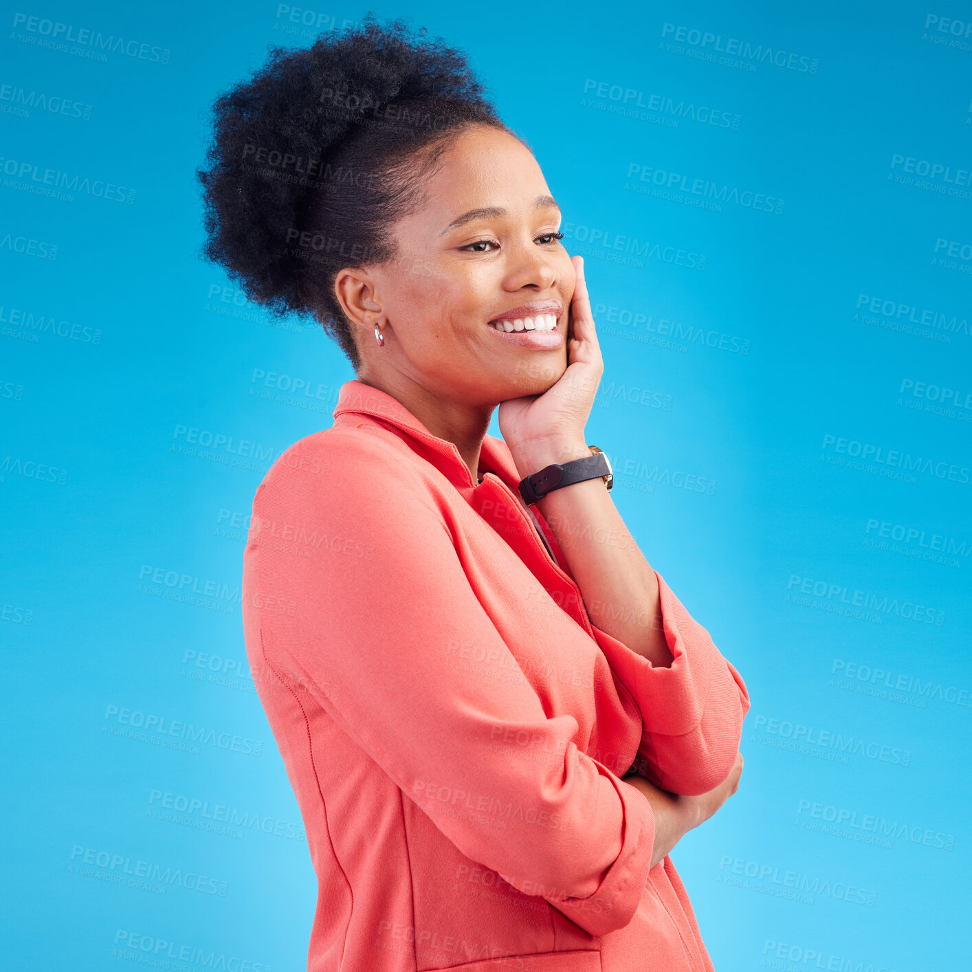 Buy stock photo Happy, thinking and business with black woman in studio for professional, creative and pride. Entrepreneur, idea and vision with female employee on blue background for confidence, decision and smile