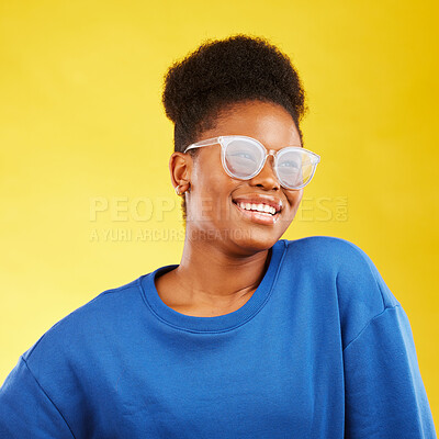 Buy stock photo Woman, smile and studio with glasses and happy with eye care and yellow background. Face, African female person and model with eyewear, new frame and fashion with modern style and confidence of girl