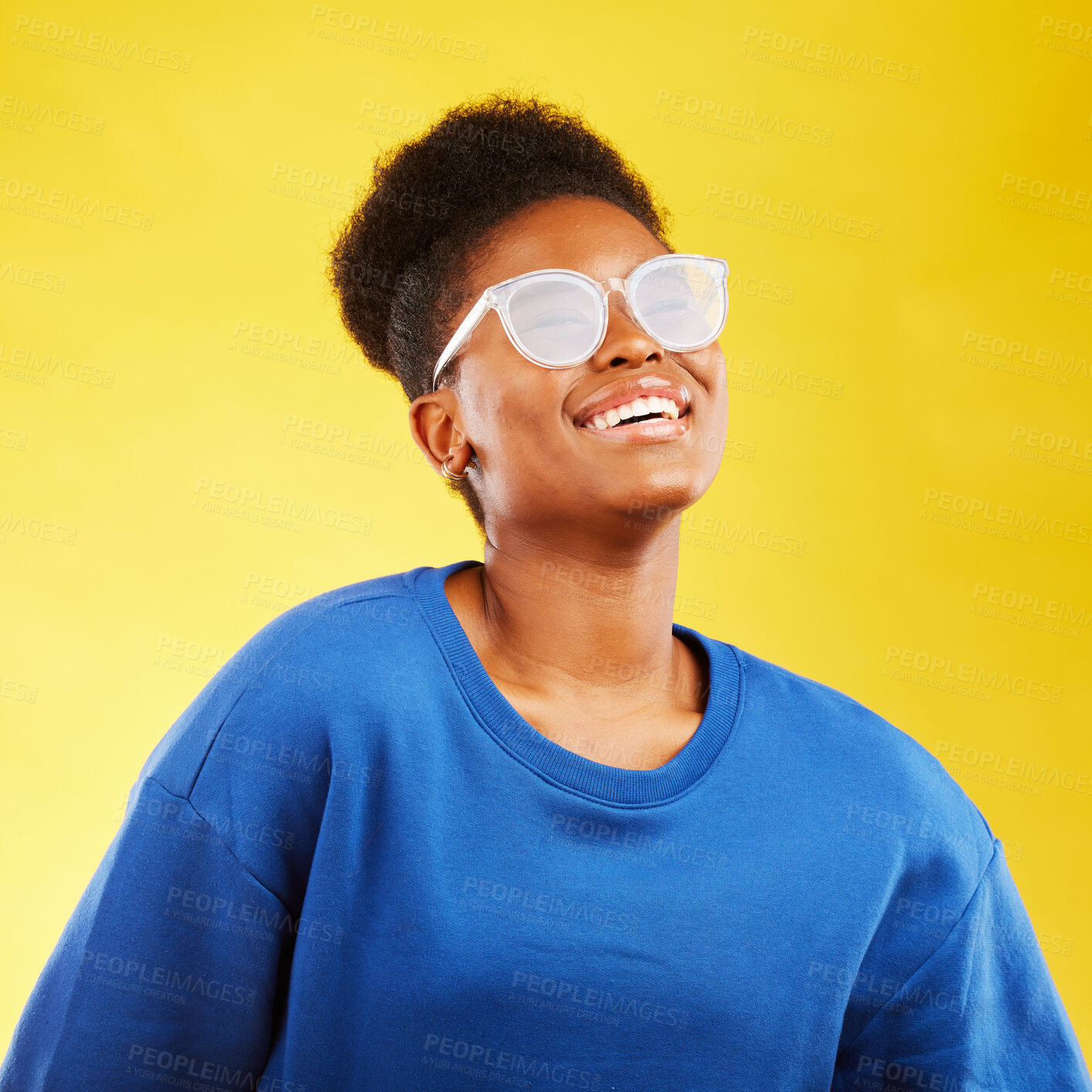 Buy stock photo Happy, smile and glasses with face of black woman in studio for vision, eye care and confidence. Gen z, fashion and happiness with female person on yellow background for health and creative style