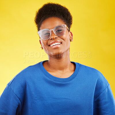 Buy stock photo Woman, smile and studio portrait with glasses and happy with eye care and yellow background. Face, African female person and model with eyewear, frame and fashion with style and confidence of girl