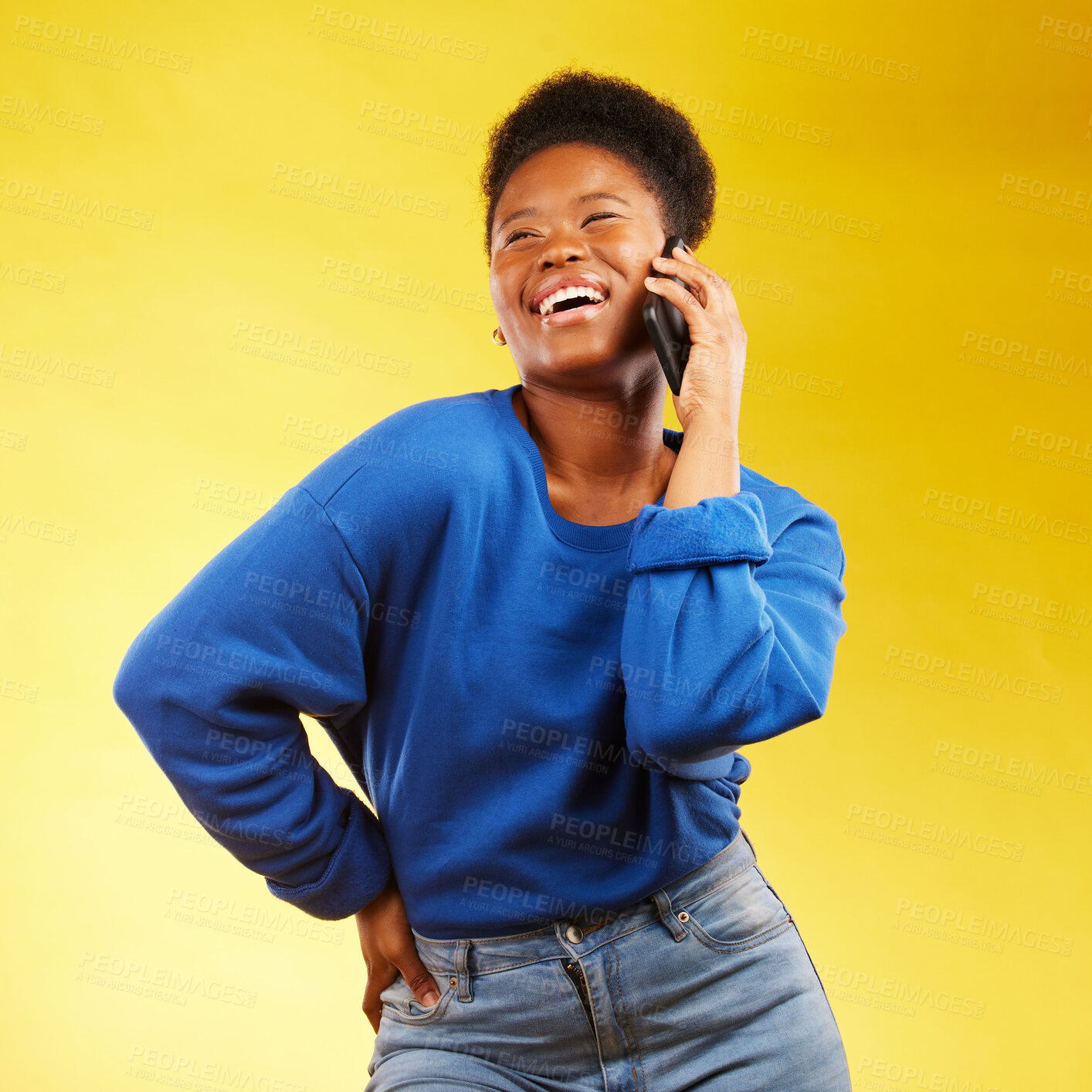 Buy stock photo Happy, phone call and black woman in studio laugh, silly or share joke on yellow background. Funny, talking and African lady with goofy, gossip or conversation on smartphone for online communication 