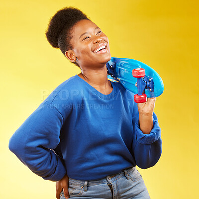 Buy stock photo Skater, thinking or happy black woman with skateboard laughing isolated on yellow background in studio. Trendy African student, gen z or skateboarder with freedom, fun ideas or funny joke to relax 