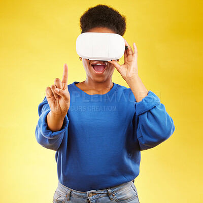 Buy stock photo Gaming, metaverse and 3d with black woman and vr in studio for digital, glasses and augmented reality. Technology, future and gamer with female person on yellow background for scifi and gen z