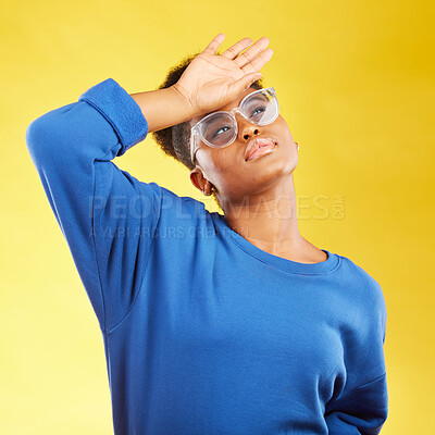 Buy stock photo Thinking, tired and black woman with headache in studio isolated on a yellow background. Stress, problem and sick African person with financial crisis, fatigue and brain fog, vertigo and frustrated