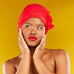 Face makeup, red lipstick and black woman with natural skincare shine, real aesthetic beauty or anti aging. Studio cosmetics, head scarf and African person touch smooth skin on yellow background