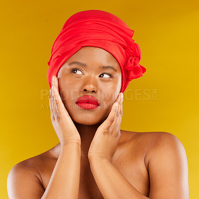 Buy stock photo Face makeup, red lipstick and black woman with natural skincare shine, real aesthetic beauty or anti aging. Studio cosmetics, head scarf and African person touch smooth skin on yellow background