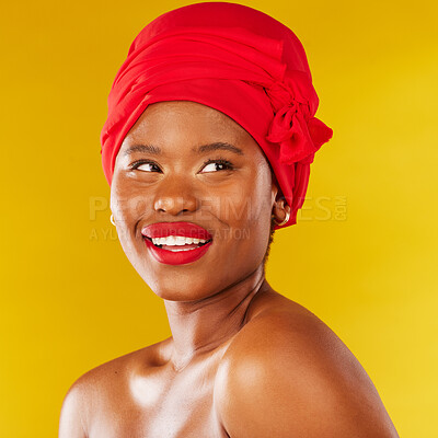 Buy stock photo Beauty, thinking and black woman with makeup and head wrap with smile isolated in yellow studio background. Happy, skin and skincare by young female person scarf for dermatology, wellness or cosmetic