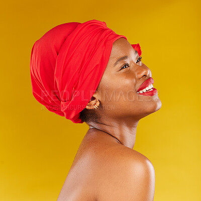 Buy stock photo Beauty, thinking and African woman with makeup and head wrap with smile isolated in yellow studio background. Happy, skin and skincare by young person scarf for dermatology, wellness or cosmetic