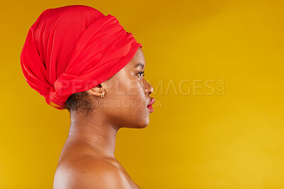 Buy stock photo Beauty face profile, red lipstick and black woman with skincare wellness, real aesthetic makeup or anti aging cosmetics. Advertising studio, head scarf and African person on mockup yellow background