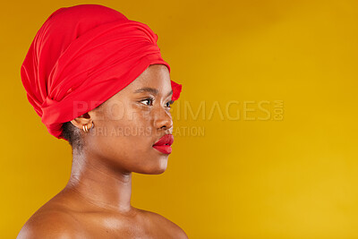 Buy stock photo Beauty, makeup and headscarf with profile of black woman in studio for facial, creative and pride. Skincare, salon and natural with female model on brown background for wellness, self care and glow