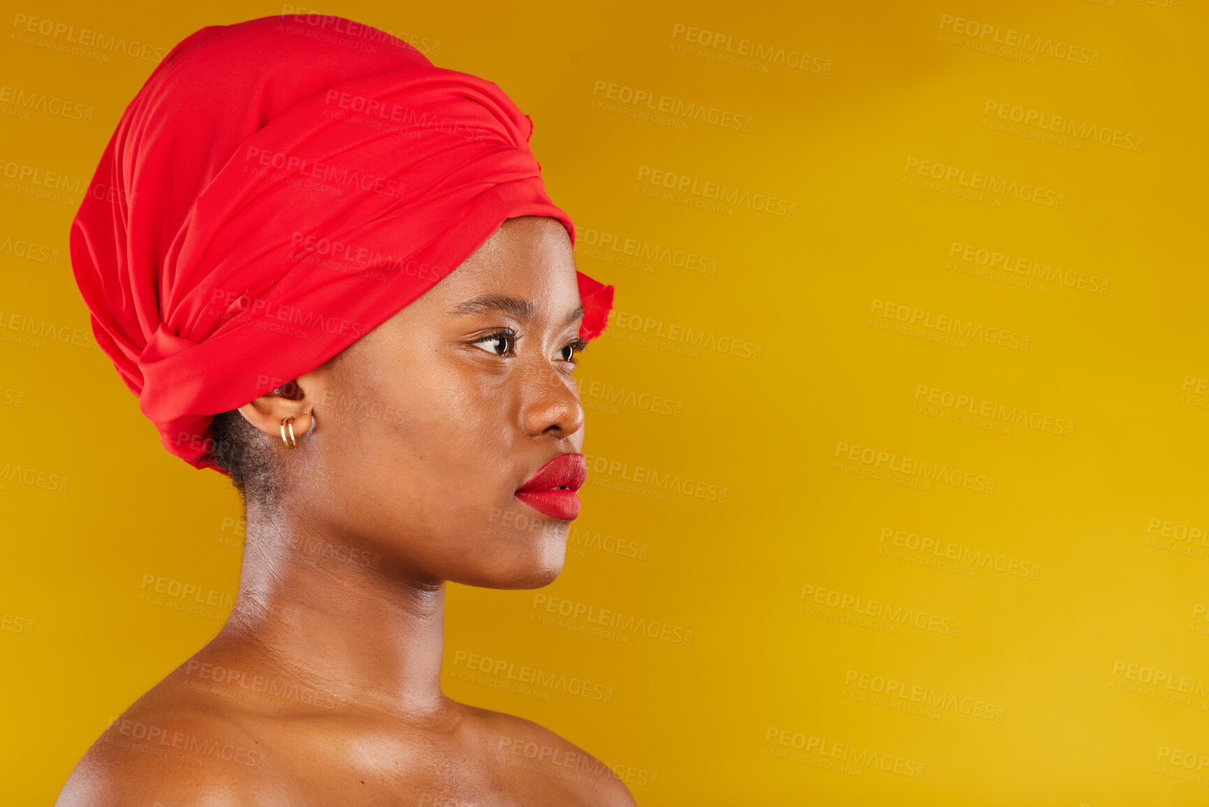 Buy stock photo Beauty, makeup and headscarf with profile of black woman in studio for facial, creative and pride. Skincare, salon and natural with female model on brown background for wellness, self care and glow