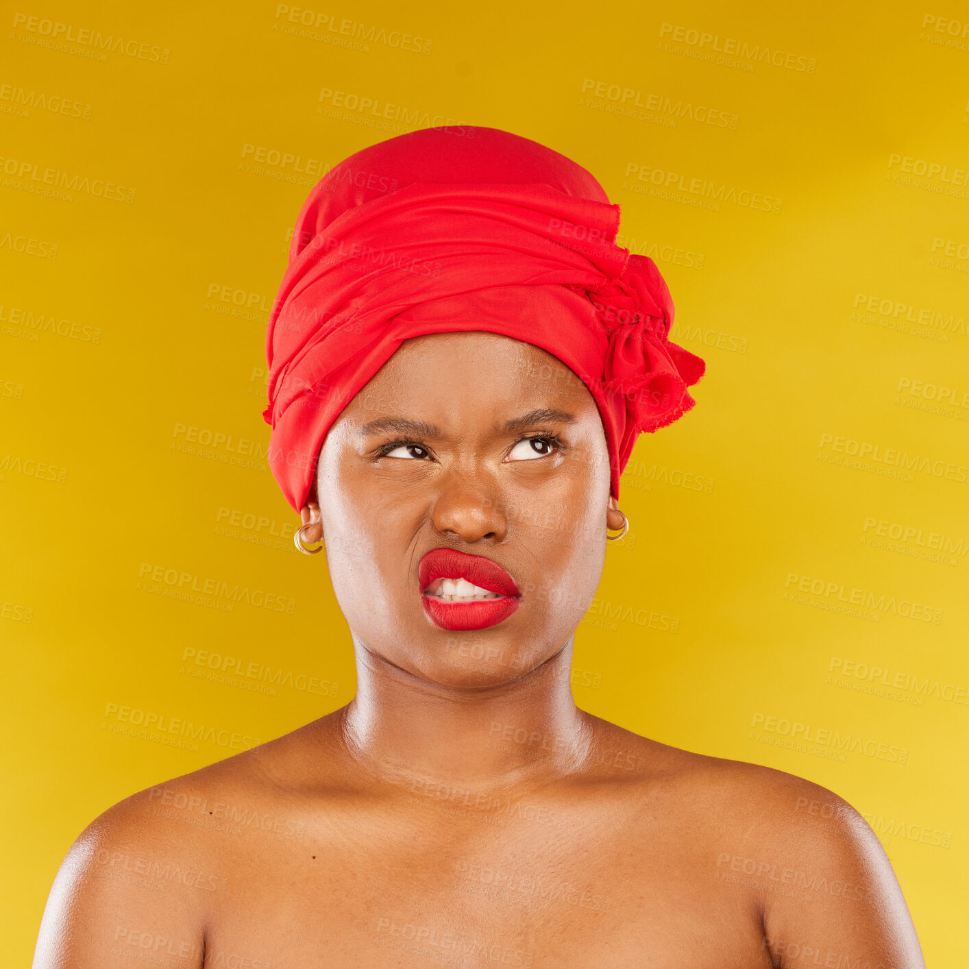 Buy stock photo Makeup, fail and face of black woman in studio angry with cosmetic or results on yellow background. Beauty, mistake and African female model frustrated with lipstick, color or treatment disaster