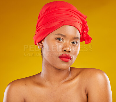 Buy stock photo Beauty, red wrap and woman portrait with scarf for self care and wellness in studio. Yellow background, female person and face cosmetics with African model and makeup for skincare and facial glow