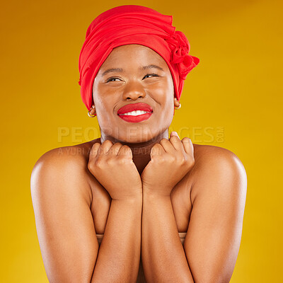 Buy stock photo Beauty, excited and black woman with cosmetic makeup and head wrap with smile isolated in yellow studio background. Happy, skin and skincare by young female person scarf for dermatology or wellness