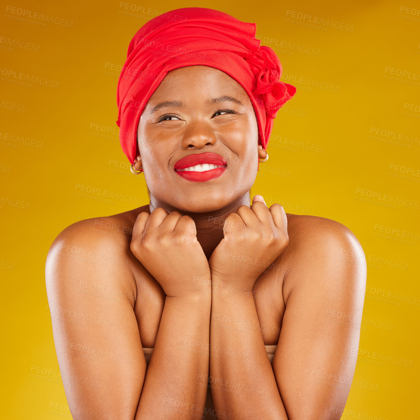 Buy stock photo Beauty, excited and black woman with cosmetic makeup and head wrap with smile isolated in yellow studio background. Happy, skin and skincare by young female person scarf for dermatology or wellness
