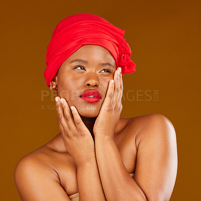 Buy stock photo Woman, face and hair scarf with skincare beauty, makeup and haircare in studio. Brown background, African female person and cosmetics of a model with head wrap for culture with dermatology glow