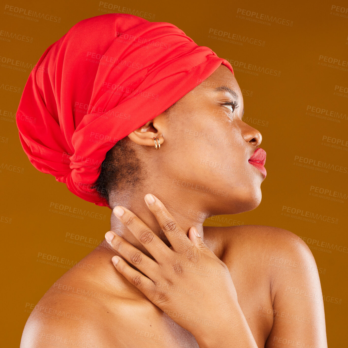 Buy stock photo Beauty, makeup and profile with face of black woman in studio for cosmetics, creative and pride. Skincare, salon and red lipstick with female model on brown background for wellness, self care or glow