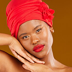 Natural beauty, hair care wrap and woman portrait with scarf for hairstyle  and wellness in studio. Yellow background, African female person and cosmetics with model makeup with skincare and glow