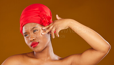 Buy stock photo Woman, face touch and hair scarf with natural beauty, makeup and haircare in studio. Brown background, African female person and cosmetics of a model with head wrap for culture with skincare glow