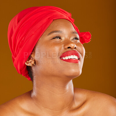 Buy stock photo Beauty, thinking and black woman with skincare and head wrap with smile isolated in brown studio background. Happy, skin and makeup of young female person scarf for dermatology, wellness or cosmetics