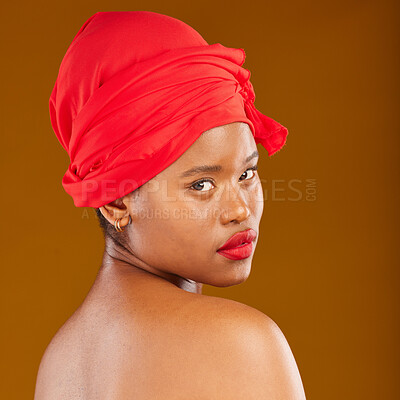 Buy stock photo Woman, portrait and hair scarf with red lipstick for beauty, makeup and haircare in studio. Brown background, African female person and cosmetics of a model with head wrap for culture with glow