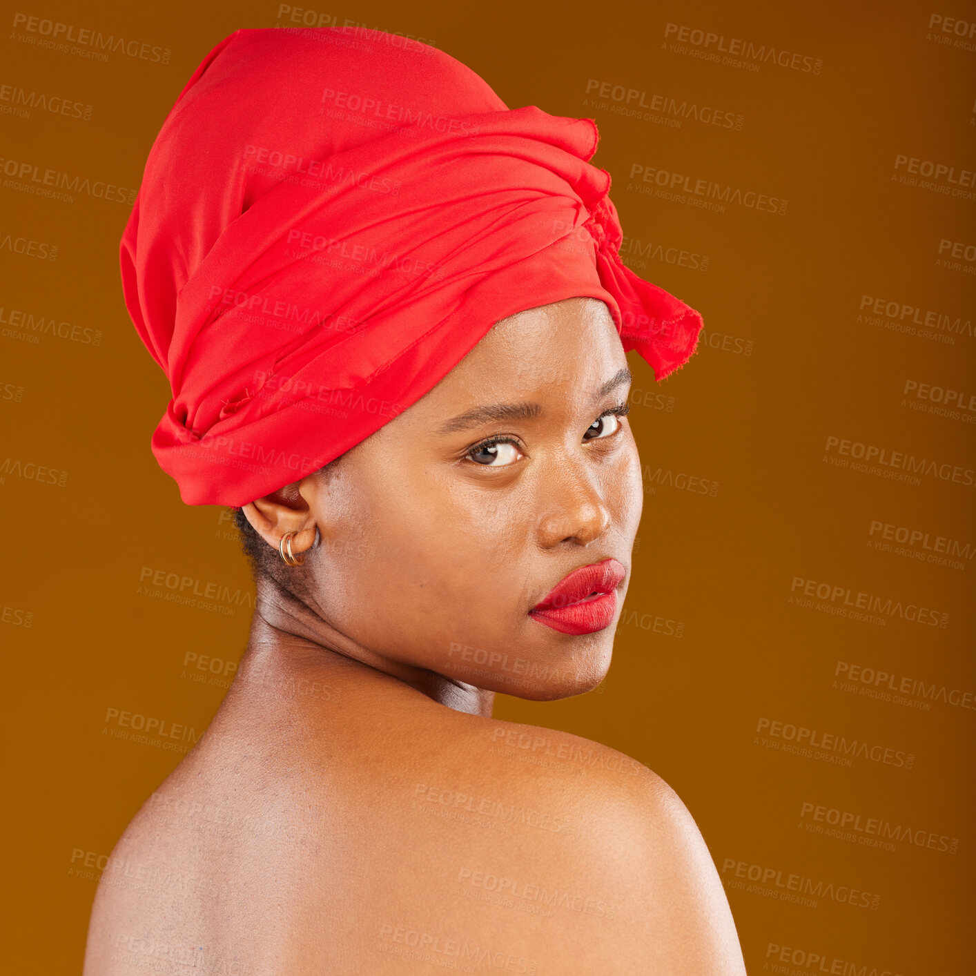 Buy stock photo Woman, portrait and hair scarf with red lipstick for beauty, makeup and haircare in studio. Brown background, African female person and cosmetics of a model with head wrap for culture with glow