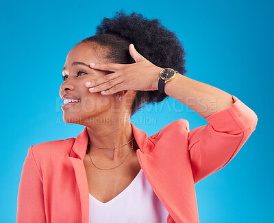 Buy stock photo Fashion, smile and a model black woman on a blue background in studio posing in a suit for style. Face, clothes and a happy young female person standing in a trendy outfit for a magazine cover