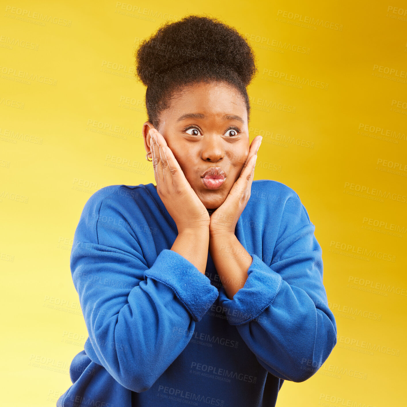 Buy stock photo Wow, excited and hands on face of black woman in studio with news, deal or giveaway promo on yellow background. Omg, surprise and shocked African female with announcement, gossip or sign up prize 
