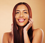 Hair care, natural beauty and portrait of happy woman with hands on face and luxury salon treatment on brown background. Smile, spa haircut and haircare, model with cosmetics and makeup in studio.