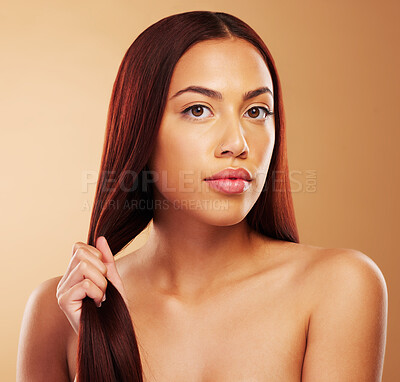 Buy stock photo Haircare, natural beauty and portrait of serious woman with strong hair in hand, salon and treatment on brown background. Keratin, haircut and care, face of model with cosmetics and makeup in studio.