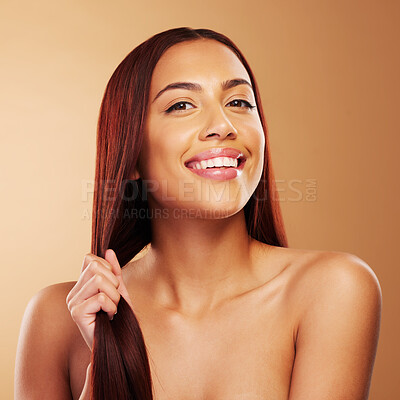 Buy stock photo Smile, beauty and portrait of woman with strong hair in hand, luxury salon treatment and brown background. Natural glow, haircut and haircare, happy face of model with cosmetics and makeup in studio.