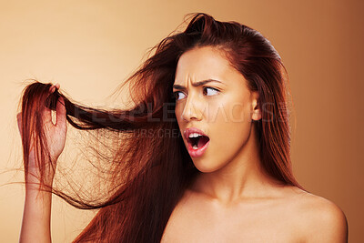 Buy stock photo Damaged, hair and a woman upset in studio about salon, split end and hairdresser treatment. Stress, disaster and shocked model person with dry texture or hairstyle crisis on a brown background 