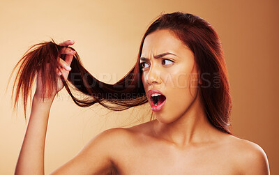 Buy stock photo Hair, damaged and a woman in studio for salon, hairdresser and split end treatment. Stress, upset and shocked aesthetic model person with dry texture or worry hairstyle crisis on a brown background 