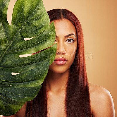 Buy stock photo Beauty, leaf and portrait of woman in studio for natural dermatology, cosmetics or wellness results. Skin care, nature and monstera plant for eco friendly facial of model person on brown background 