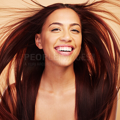 Buy stock photo Wind, beauty or portrait of happy woman with hair care after salon treatment isolated on brown background. Natural glow, breeze and face of proud model with cosmetics, smile or hairstyle in studio