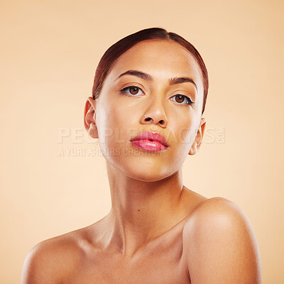 Buy stock photo Portrait, dermatology and woman with skincare, cosmetics and luxury against a brown studio background. Face, female person or model with wellness, makeup or healthy skin with shine, glow or aesthetic