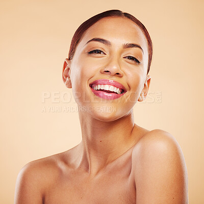 Buy stock photo Portrait, skincare and woman with beauty, cosmetics and happiness against a brown studio background. Face, female person and model with makeup, aesthetic and wellness with health, self care and shine