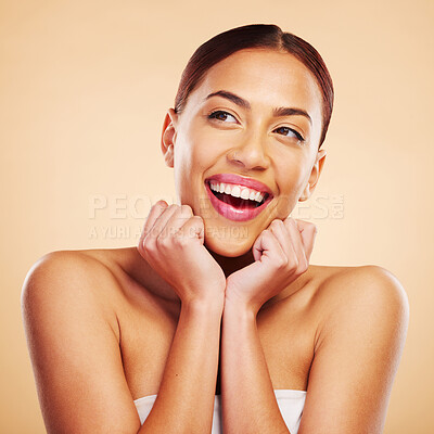 Buy stock photo Beauty, skincare and face of happy woman in studio isolated on a brown background. Cosmetic, excited and natural model thinking of facial treatment for dermatology, aesthetic or wellness for health